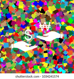 Currency exchange from hand to hand. Dollar and South Korea Won. Vector. White icon on colorful background with seamless pattern from squares.