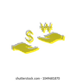 Currency exchange from hand to hand. Dollar and South Korea Won. Vector. Yellow icon with square pattern duplicate at white background. Isolated.