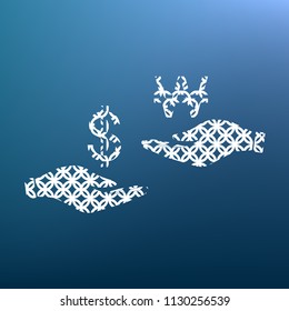 Currency exchange from hand to hand. Dollar and South Korea Won. Vector. White textured icon at lapis lazuli gradient background.