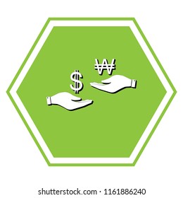 Currency exchange from hand to hand. Dollar and South Korea Won. Vector. White icon with black shadow at yellow green honeycomb on white background.