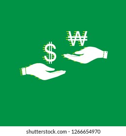 Currency exchange from hand to hand. Dollar and South Korea Won. Vector. White flat icon with yellow striped shadow at green background.