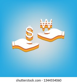 Currency exchange from hand to hand. Dollar and South Korea Won. Vector. White icon with 3d warm-colored gradient body at sky blue background.