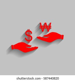 Currency exchange from hand to hand. Dollar and South Korea Won. Vector. Red icon with soft shadow on gray background.