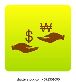 Currency exchange from hand to hand. Dollar and South Korea Won. Vector. Brown icon at green-yellow gradient square with rounded corners on white background. Isolated.