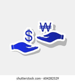 Currency exchange from hand to hand. Dollar and South Korea Won. Vector. New year bluish icon with outside stroke and gray shadow on light gray background.