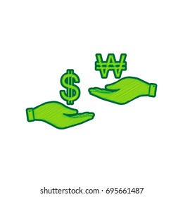 Currency exchange from hand to hand. Dollar and South Korea Won. Vector. Lemon scribble icon on white background. Isolated