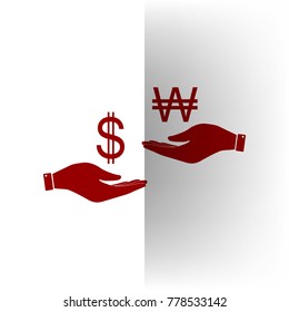 Currency exchange from hand to hand. Dollar and South Korea Won. Vector. Bordo icon on white bending paper background.