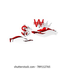 Currency exchange from hand to hand. Dollar and South Korea Won. Vector. Detachable paper icon with red body stock. Isolated.