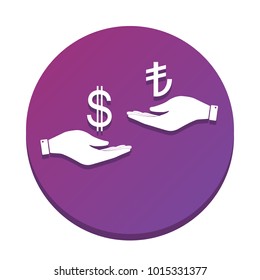 Currency exchange from hand to hand. Dollar and Turkey Lira. Vector. White icon with flat shadow on purpureus circle at white background. Isolated.