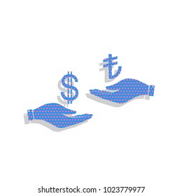 Currency exchange from hand to hand. Dollar and Turkey Lira. Vector. Neon blue icon with cyclamen polka dots pattern with light gray shadow on white background. Isolated.