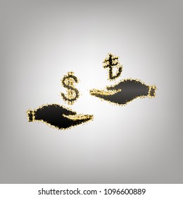 Currency exchange from hand to hand. Dollar and Turkey Lira. Vector. Blackish icon with golden stars at grayish background.