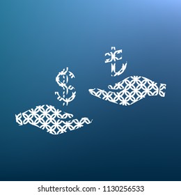 Currency exchange from hand to hand. Dollar and Turkey Lira. Vector. White textured icon at lapis lazuli gradient background.