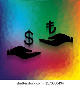 Currency exchange from hand to hand. Dollar and Turkey Lira. Vector. Flat style black icon on white.