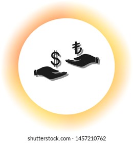 Currency exchange from hand to hand. Dollar and Turkey Lira. Dark icon with shadow on the glowing circle button. Illustration.