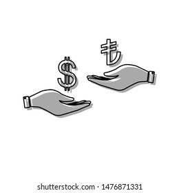 Currency exchange from hand to hand. Dollar and Turkey Lira. Black line icon with gray shifted flat filled icon on white background. Illustration.