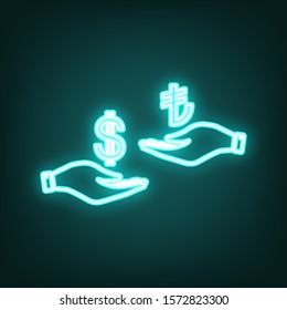 Currency exchange from hand to hand. Dollar and Turkey Lira. Cyan neon icon in the dark. Bluring. Luminescence. Illustration.