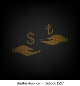 Currency exchange from hand to hand. Dollar and Turkey Lira. Icon as grid of small orange light bulb in darkness. Illustration.