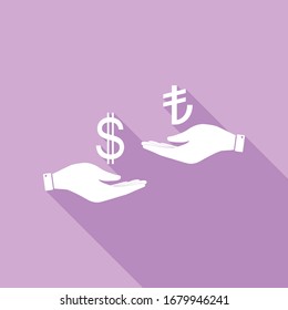 Currency exchange from hand to hand. Dollar and Turkey Lira. White Icon with long shadow at purple background. Illustration.