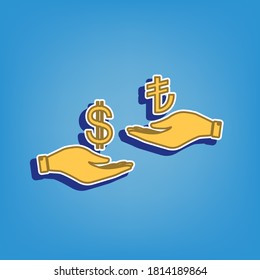 Currency exchange from hand to hand. Dollar and Turkey Lira. Golden Icon with White Contour at light blue Background. Illustration.