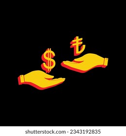 Currency exchange from hand to hand. Dollar and Turkey Lira. 3D Extruded Yellow Icon with Red Sides a Black background. Illustration.