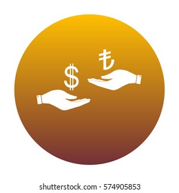 Currency exchange from hand to hand. Dollar and Turkey Lira. White icon in circle with golden gradient as background. Isolated.