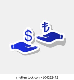 Currency exchange from hand to hand. Dollar and Turkey Lira. Vector. New year bluish icon with outside stroke and gray shadow on light gray background.