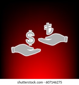 Currency exchange from hand to hand. Dollar and Turkey Lira. Postage stam or old photo style on red-black gradient background.