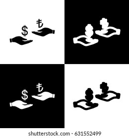 Currency exchange from hand to hand. Dollar and Turkey Lira. Vector. Black and white icons and line icon on chess board.