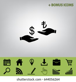 Currency exchange from hand to hand. Dollar and Turkey Lira. Vector. Black icon at gray background with bonus icons
