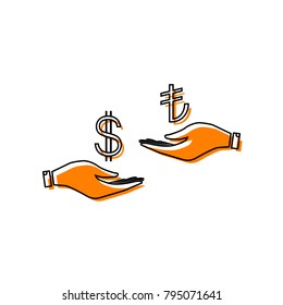 Currency exchange from hand to hand. Dollar and Turkey Lira. Vector. Black line icon with shifted flat orange filled icon on white background. Isolated.