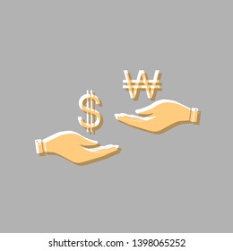 Currency exchange from hand to hand. Dollar and Won. Emboss effect with light orange icon on gray background.