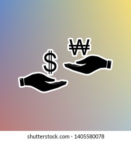 Currency exchange from hand to hand. Dollar and Won. Black icon in white shell at pastel color background. Illustration.