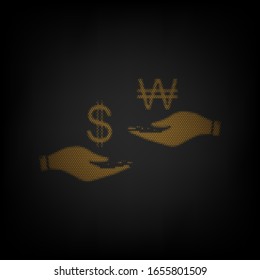 Cambio de divisas de mano en mano. Dólar y Ganar. Icono de la rejilla de una pequeña bombilla naranja en la oscuridad. Ilustración.