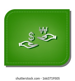 Currency exchange from hand to hand. Dollar and Won. Silver gradient line icon with dark green shadow at ecological patched green leaf. Illustration.