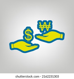 Currency exchange from hand to hand. Dollar and Won. Icon in colors of Ukraine flag (yellow, blue) at gray Background. Illustration.