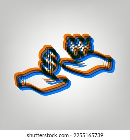 Currency exchange from hand to hand. Dollar and Won. Stroked Icon in orange, azure and old lavender Colors at gray Background. Illustration.