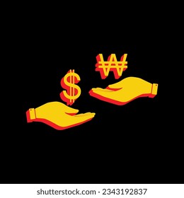Cambio de divisas de mano en mano. Dólar y Ganar. Icono Amarillo extruido 3D con los lados rojos un fondo negro. Ilustración.