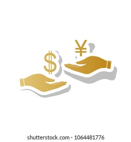 Currency exchange from hand to hand. Dollar and Yen. Vector. Golden gradient icon with white contour and rotated gray shadow at white background.