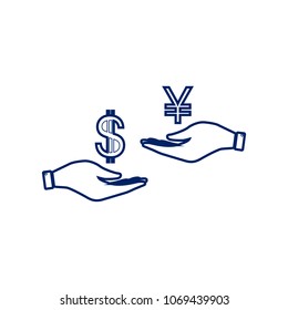 Currency exchange from hand to hand. Dollar and Yen. Vector. Flat style black icon on white.