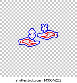Currency exchange from hand to hand. Dollar and Yen. Red, white and contour icon at transparent background. Illustration.