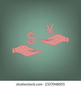 Currency exchange from hand to hand. Dollar and Yen. Apricot Icon with Brick Red parquet floor graphic pattern on a Ebony background. Feldgrau. Green. Illustration.