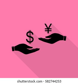 Currency exchange from hand to hand. Dollar and Yen. Black icon with flat style shadow path on pink background.