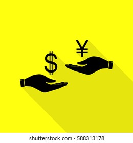 Currency exchange from hand to hand. Dollar and Yen. Black icon with flat style shadow path on yellow background.