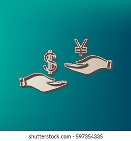 Currency exchange from hand to hand. Dollar and Yen. Vector. Icon printed at 3d on sea color background.