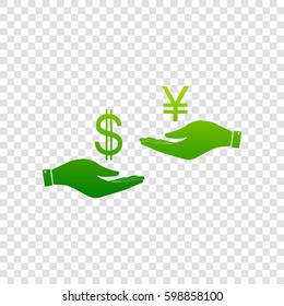 Currency exchange from hand to hand. Dollar and Yen. Vector. Green gradient icon on transparent background.