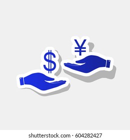 Currency exchange from hand to hand. Dollar and Yen. Vector. New year bluish icon with outside stroke and gray shadow on light gray background.