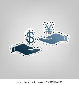 Currency exchange from hand to hand. Dollar and Yen. Vector. Blue icon with outline for cutting out at gray background.