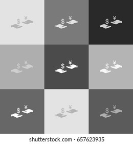 Currency exchange from hand to hand. Dollar and Yen. Vector. Grayscale version of Popart-style icon.
