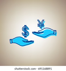 Currency exchange from hand to hand. Dollar and Yen. Vector. Sky blue icon with defected blue contour on beige background.