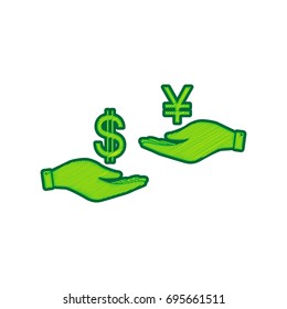 Currency exchange from hand to hand. Dollar and Yen. Vector. Lemon scribble icon on white background. Isolated